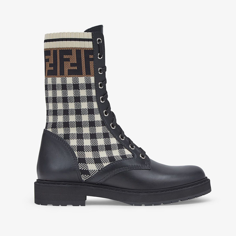 Side view of Fendi Women Rockoko Black Leather Biker Boots with stretch panels
