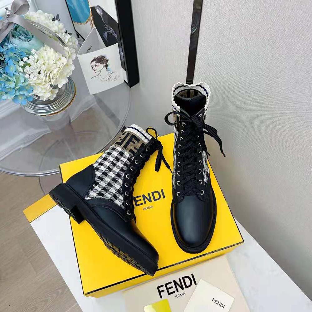Fendi Women Rockoko Black Leather Biker Boots with Stretch Fabric - image 4