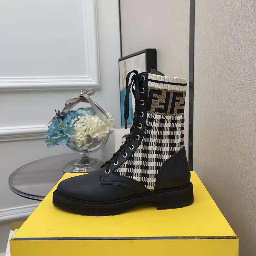 Fendi Women Rockoko Black Leather Biker Boots with Stretch Fabric - image 5