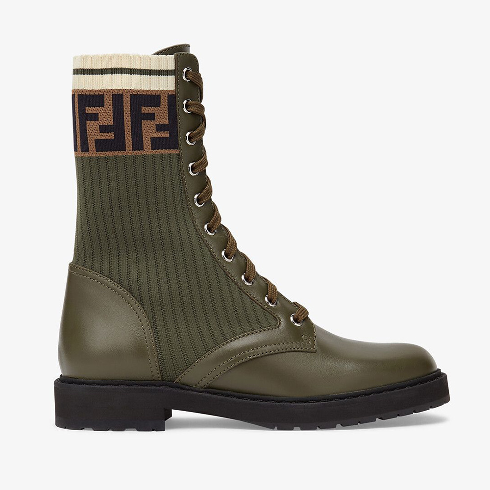 Side view of Fendi Women Rockoko Green Leather Biker Boots with stretch fabric