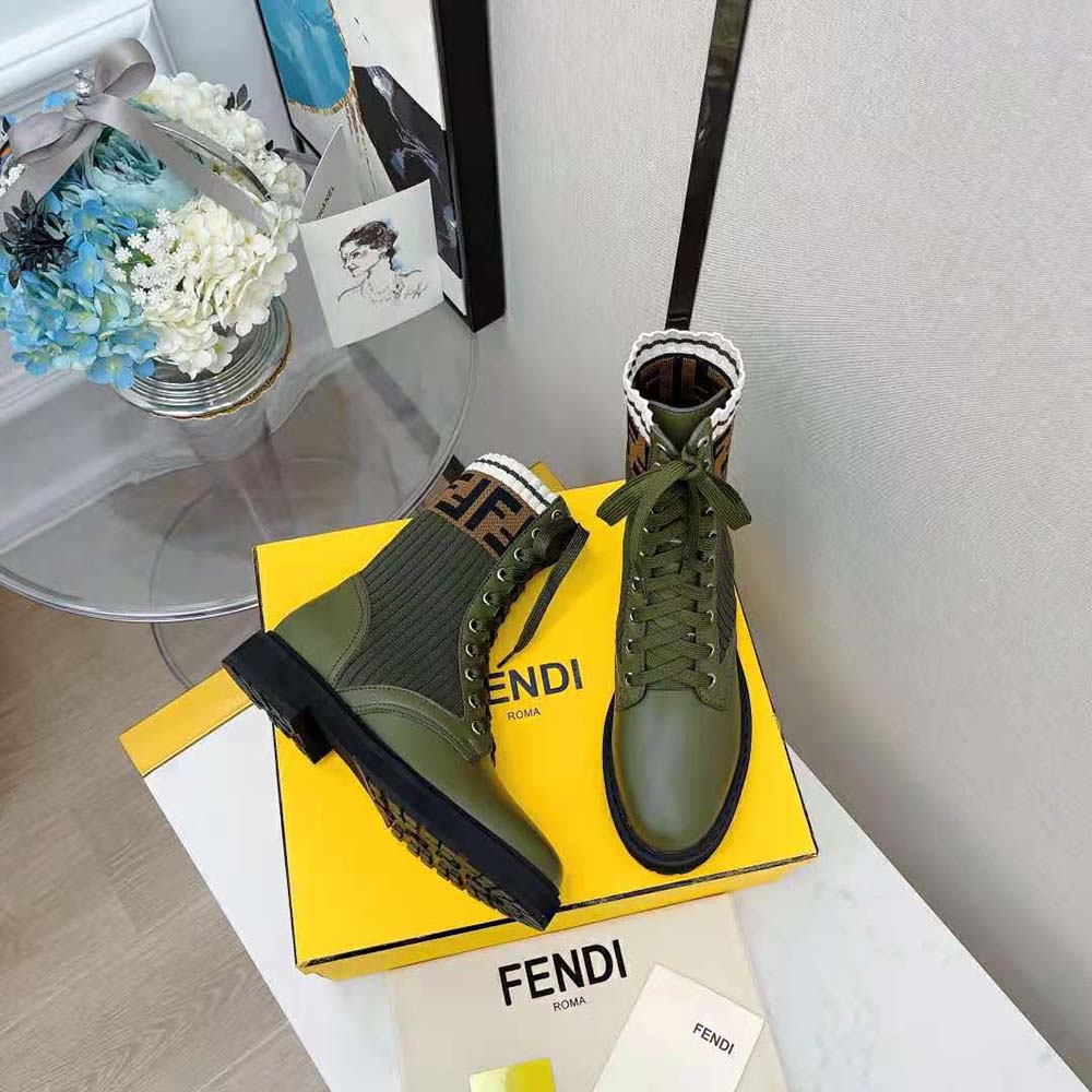 Fendi Women Rockoko Green Leather Biker Boots with Sstretch Fabric - image 4