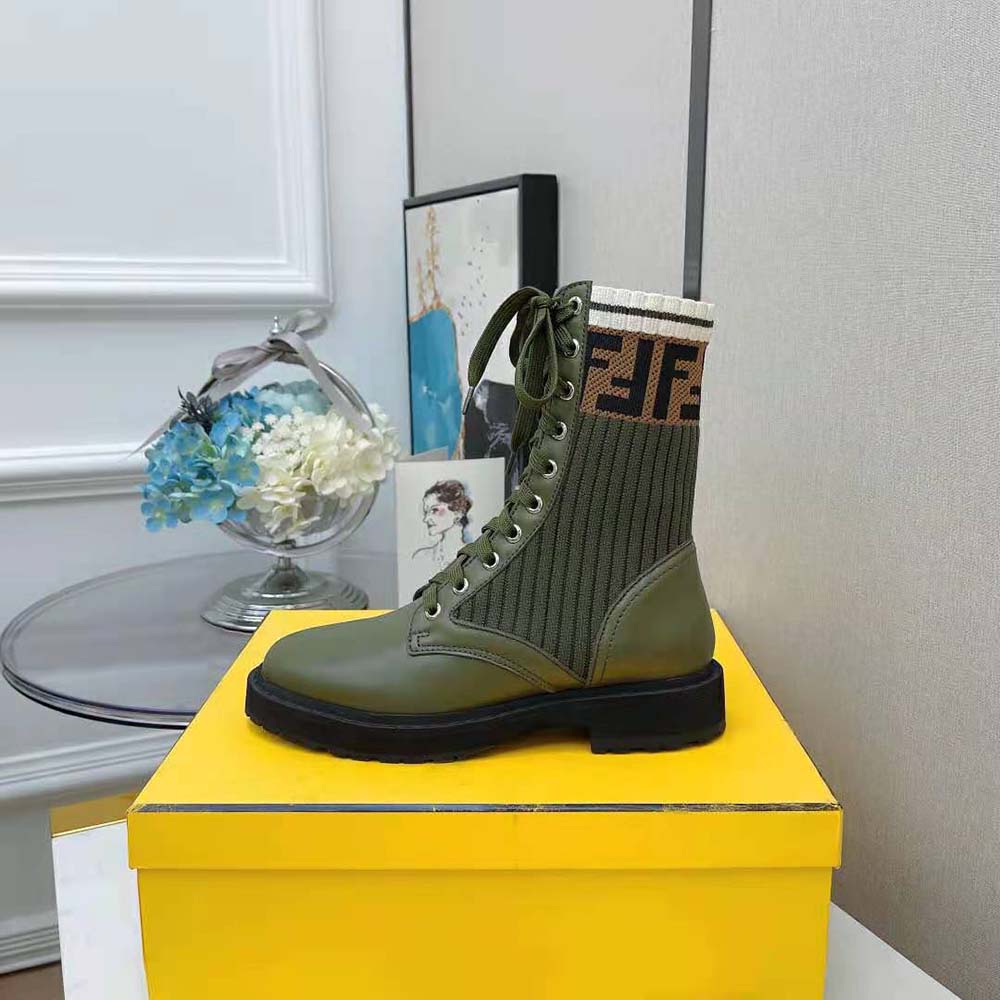 Fendi Women Rockoko Green Leather Biker Boots with Sstretch Fabric - image 5