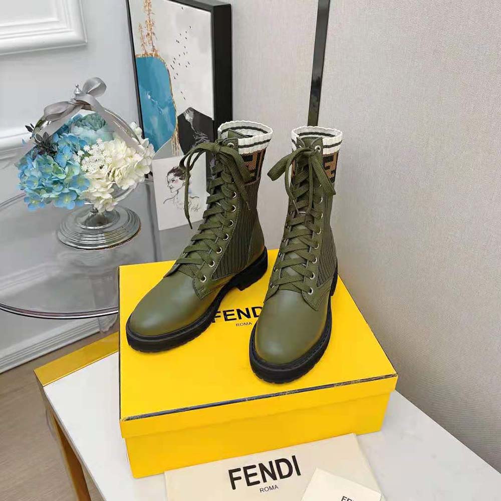 Back angle showing zipper and stretch panel of Fendi Women Rockoko boots
