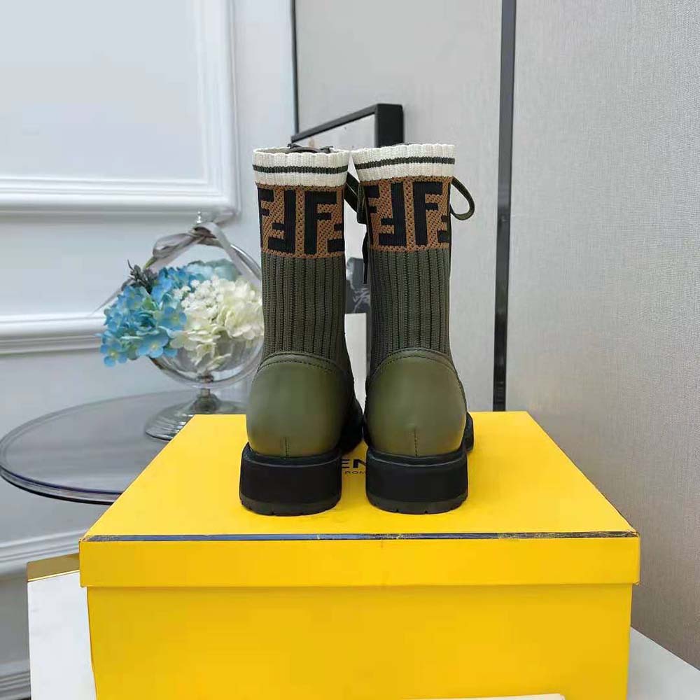 Fendi Women Rockoko Green Leather Biker Boots with Sstretch Fabric - image 6
