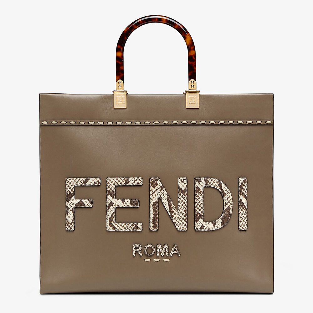 Front angle of Fendi Women Sunshine Medium Gray Leather and Elaphe Shopper