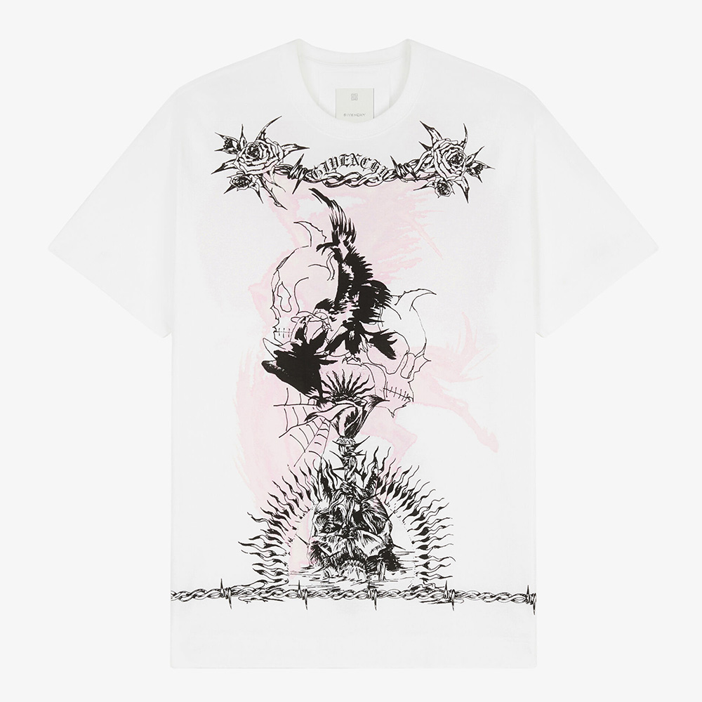Front view of Givenchy Men Gothic Printed Oversized T-Shirt-Pink