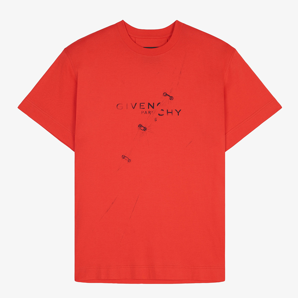 Front view of Givenchy Men Oversized T-Shirt with Trompe-L oeil Effect-Red