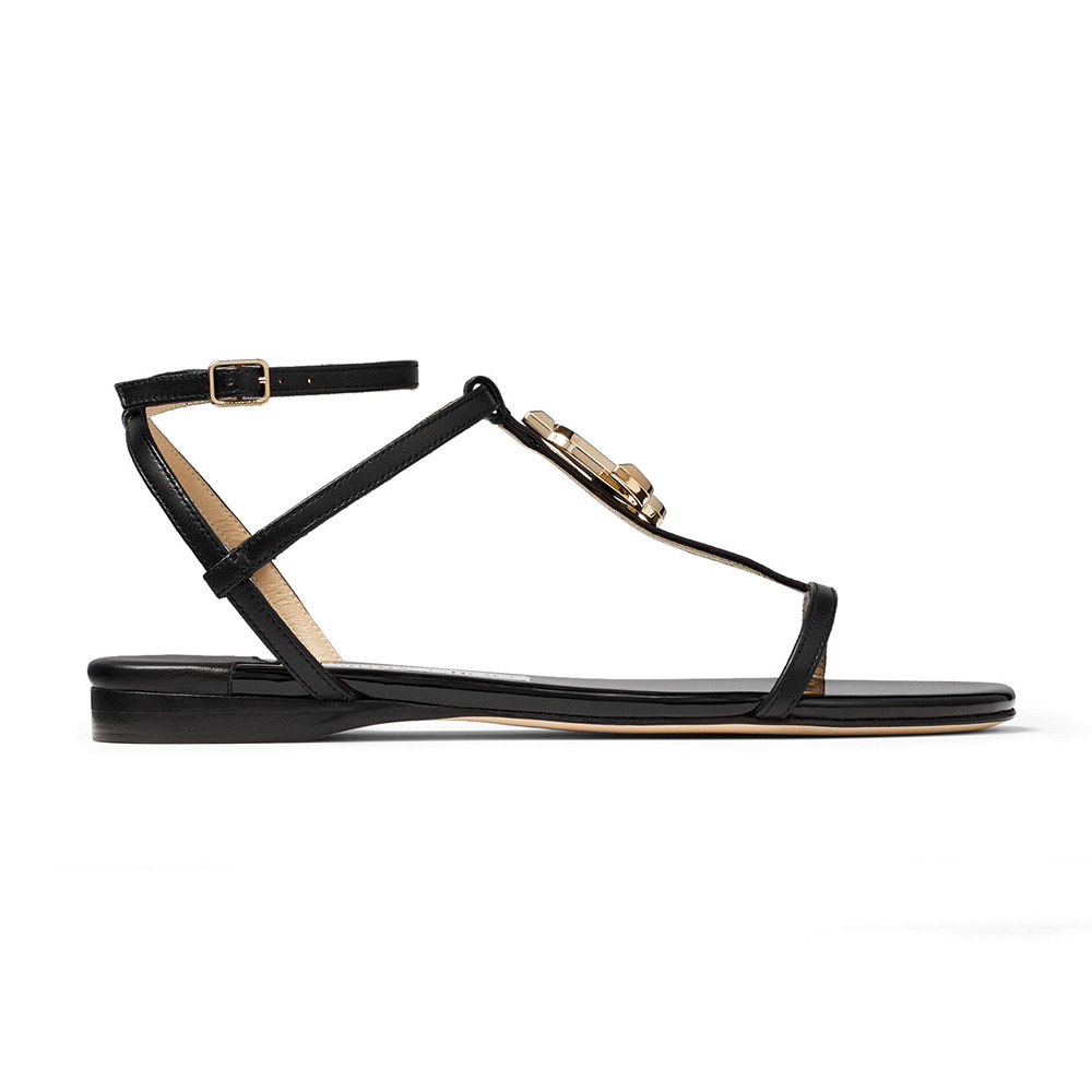 Side view of Jimmy Choo Women Alodie Flat Black Nappa and Patent Leather Flat Sandals