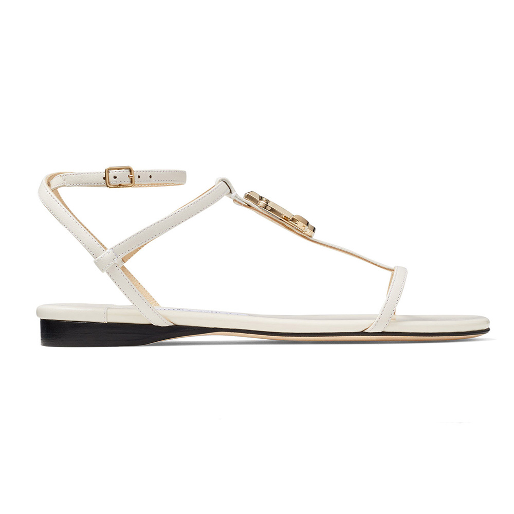 Jimmy Choo Women Alodie Flat Latte sandals side profile in white leather