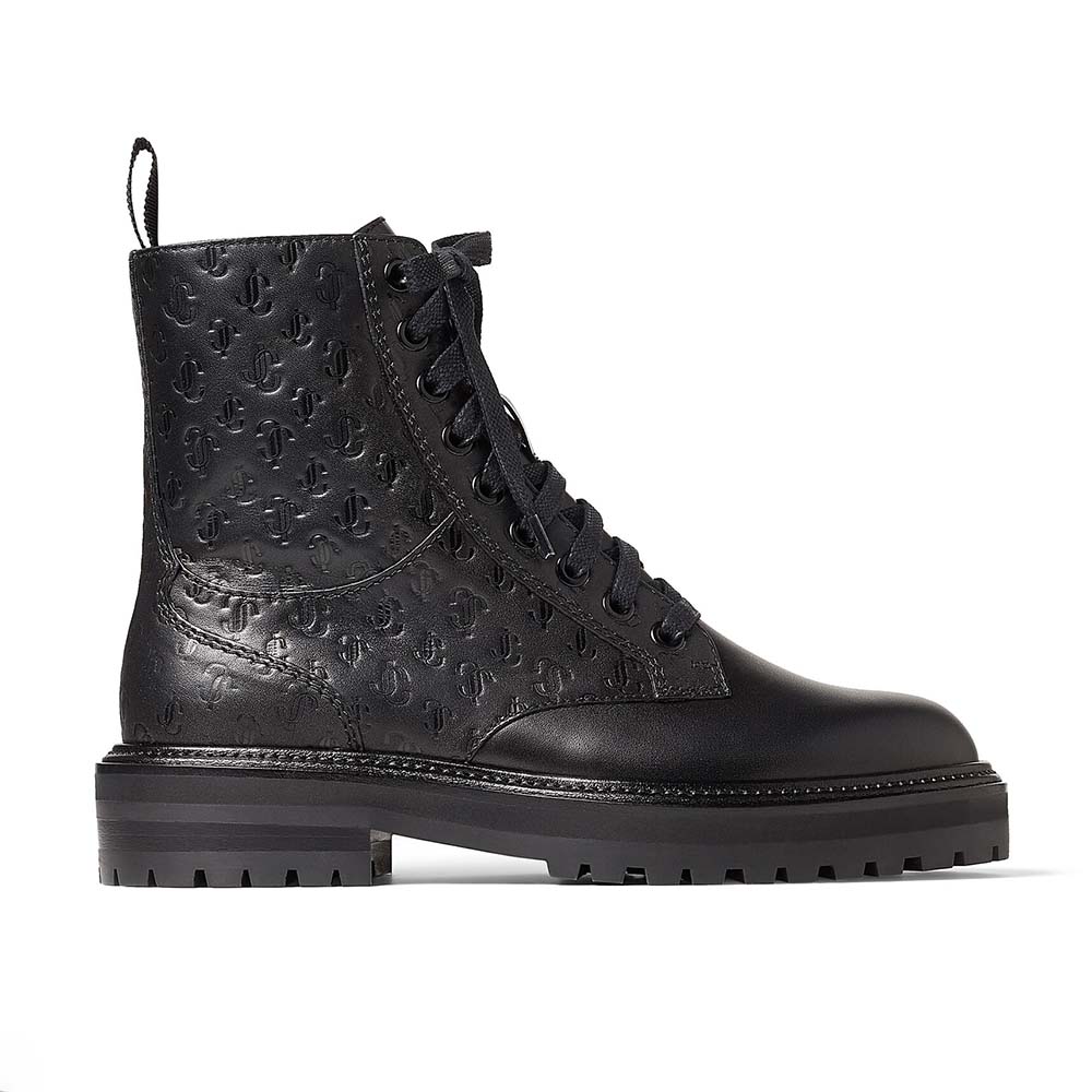 Side profile of Jimmy Choo Women Cora Flat Black JC Monogram Leather Mix Combat Boots