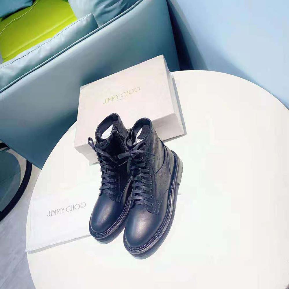 Jimmy Choo Women Cora Flat Black JC Monogram Leather Mix Combat Boots - image 7
