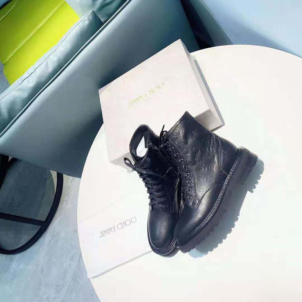 Jimmy Choo Women Cora Flat Black JC Monogram Leather Mix Combat Boots - image 6