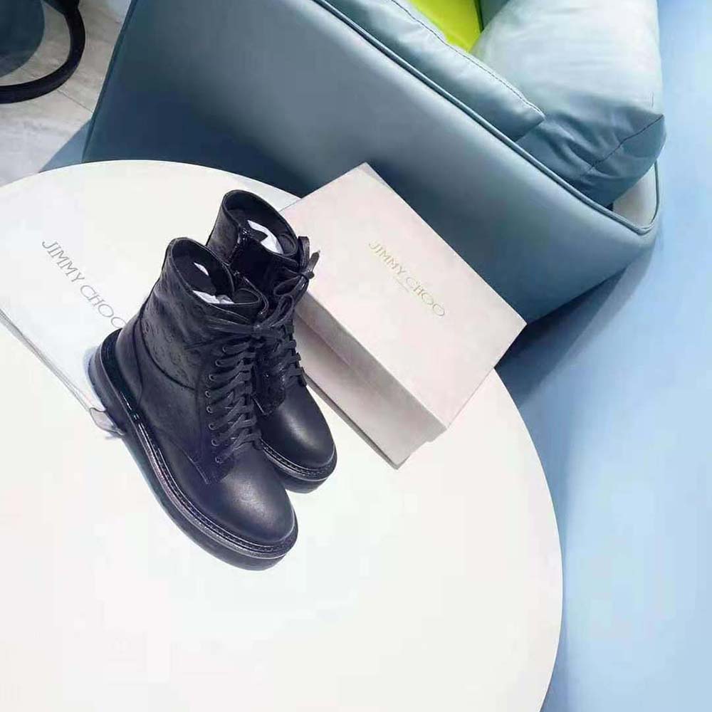 Jimmy Choo Women Cora Flat Black JC Monogram Leather Mix Combat Boots - image 5