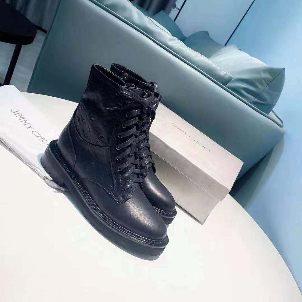 Jimmy Choo Women Cora Flat Black JC Monogram Leather Mix Combat Boots - image 4