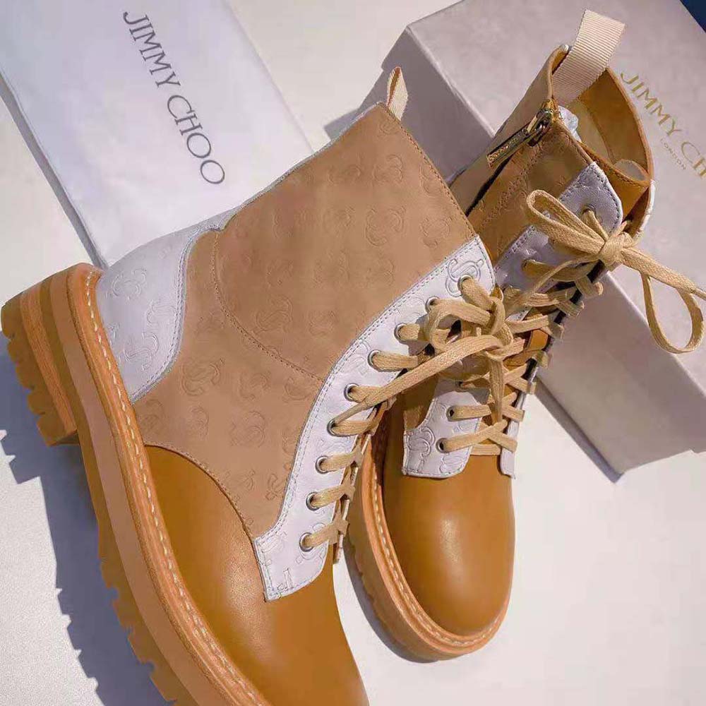 Jimmy Choo Women Cora Flat Caramel JC Monogram Leather Mix Combat Boots - image 8