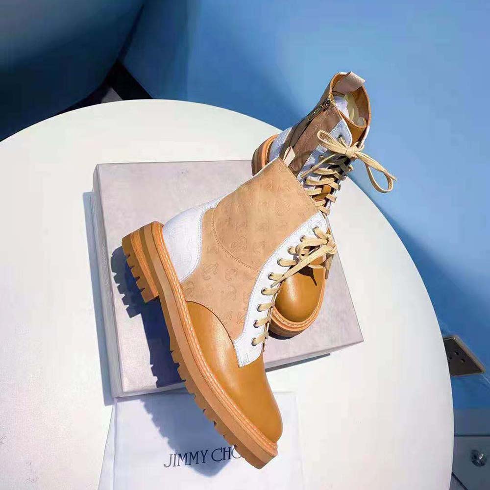 Jimmy Choo Women Cora Flat Caramel JC Monogram Leather Mix Combat Boots - image 7