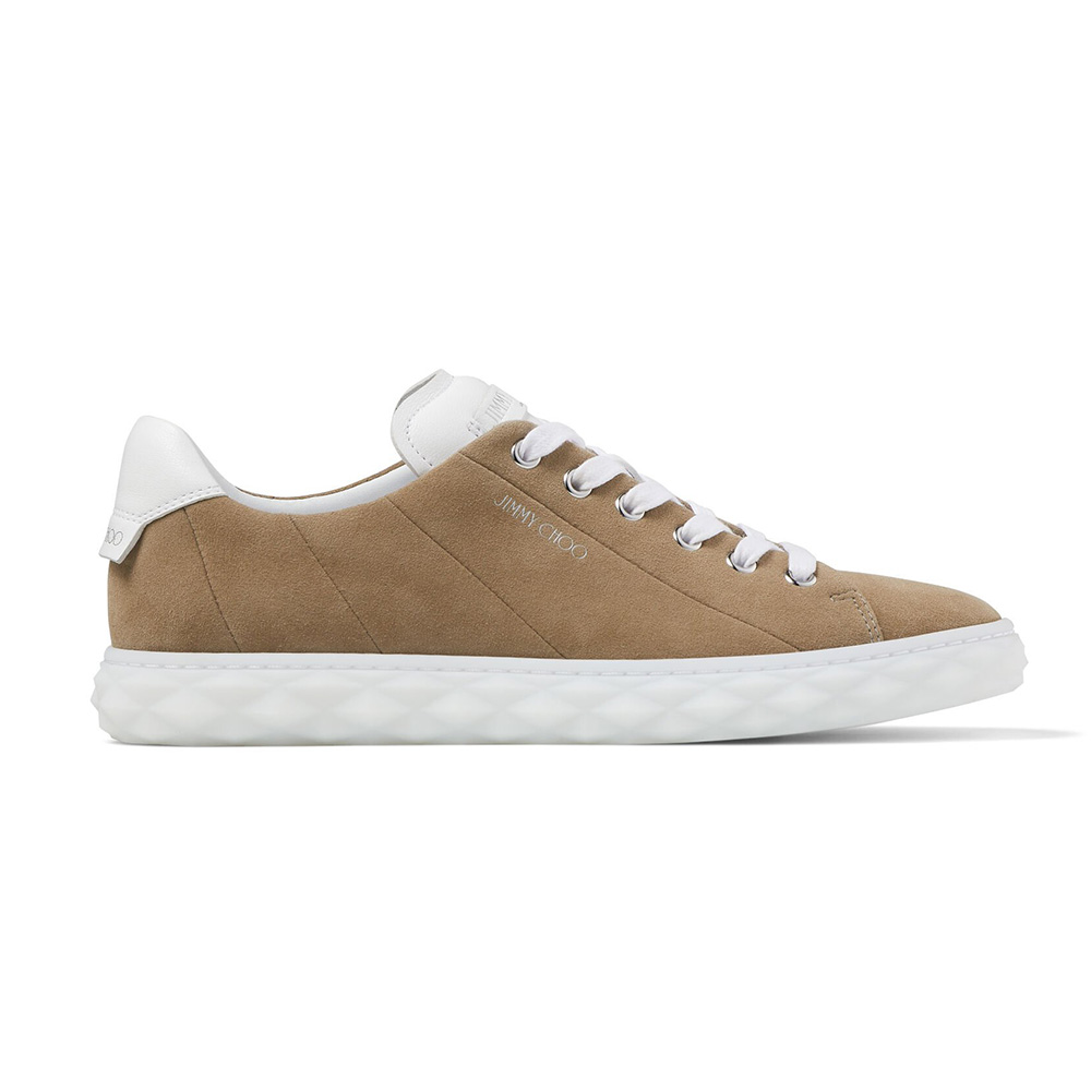 Side view of Jimmy Choo Women Diamond Light/F Sun Suede and Sun Nappa Low-Top Trainers in brown