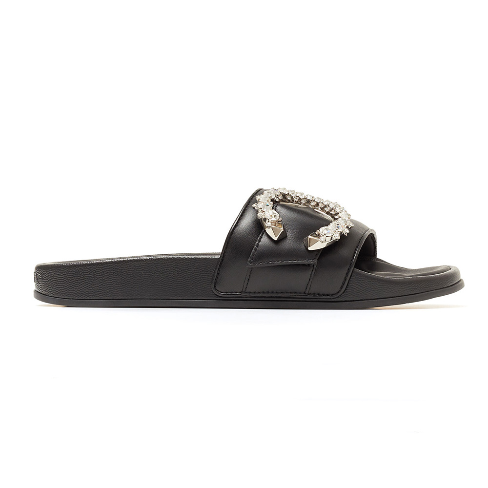 Side view of Jimmy Choo Women Fallon Black Nappa Leather Slides with crystal buckle