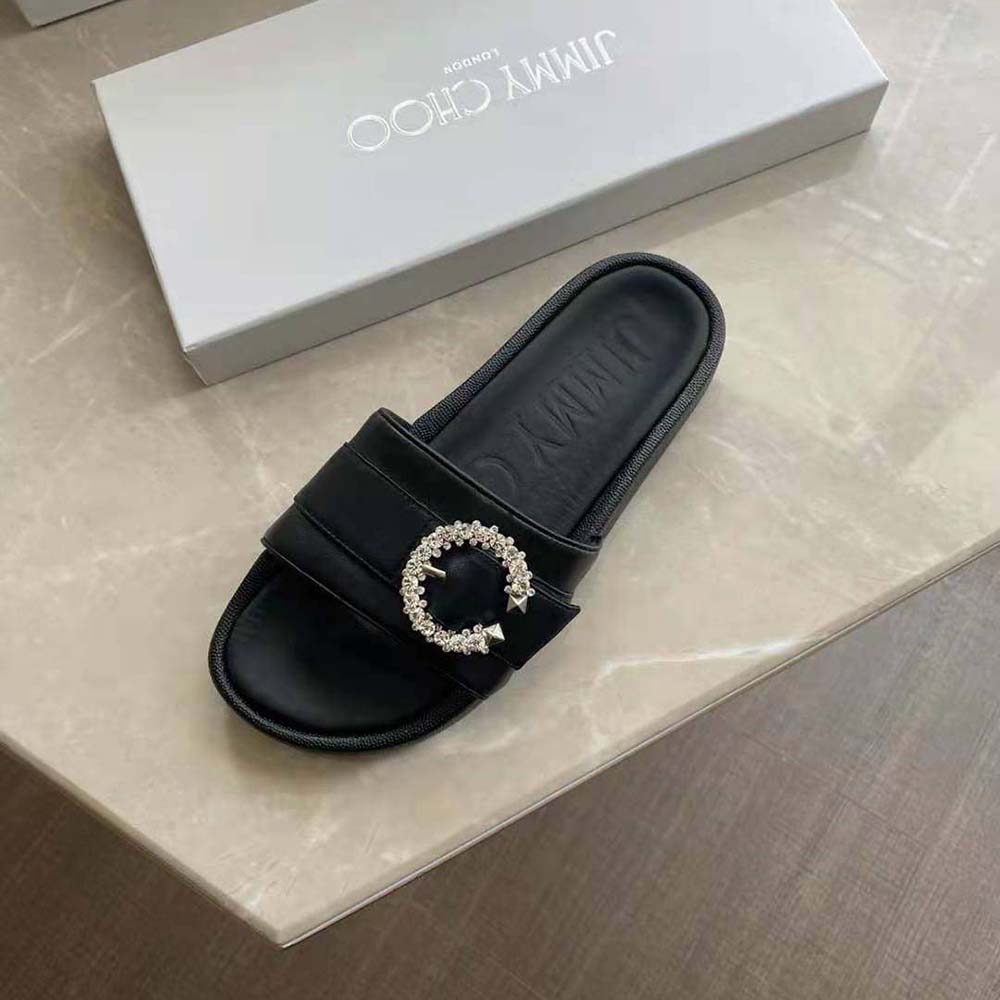 Jimmy Choo Women Fallon Black Nappa Leather Slides with Crystal Buckle - image 9