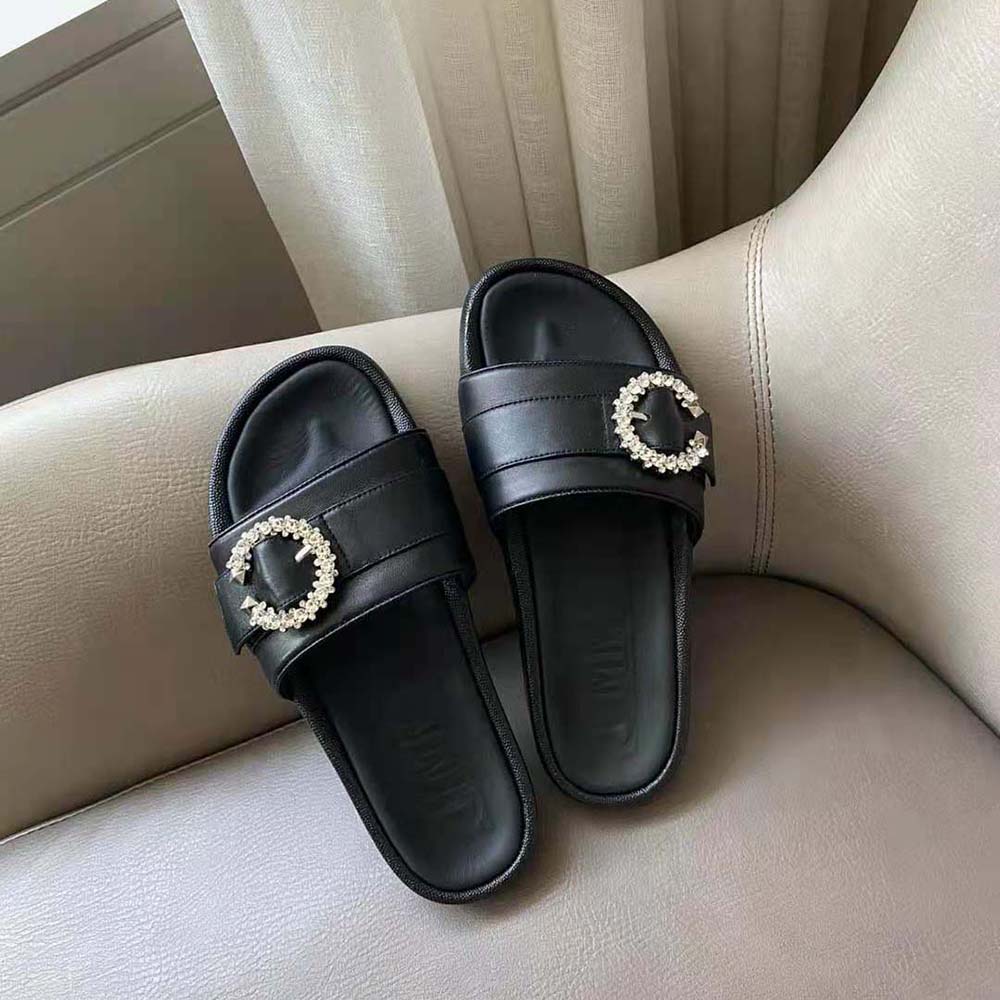 Jimmy Choo Women Fallon Black Nappa Leather Slides with Crystal Buckle - image 6