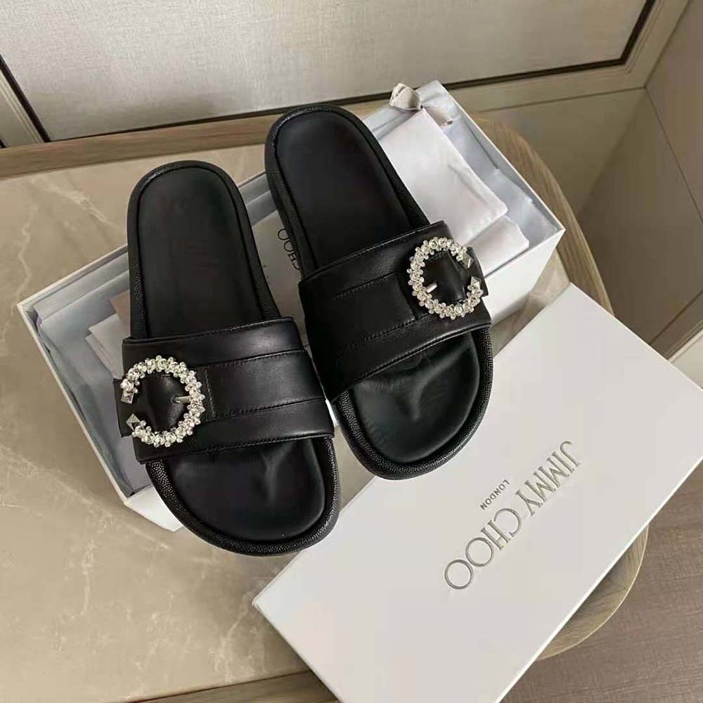 Jimmy Choo Women Fallon Black Nappa Leather Slides with Crystal Buckle - image 5
