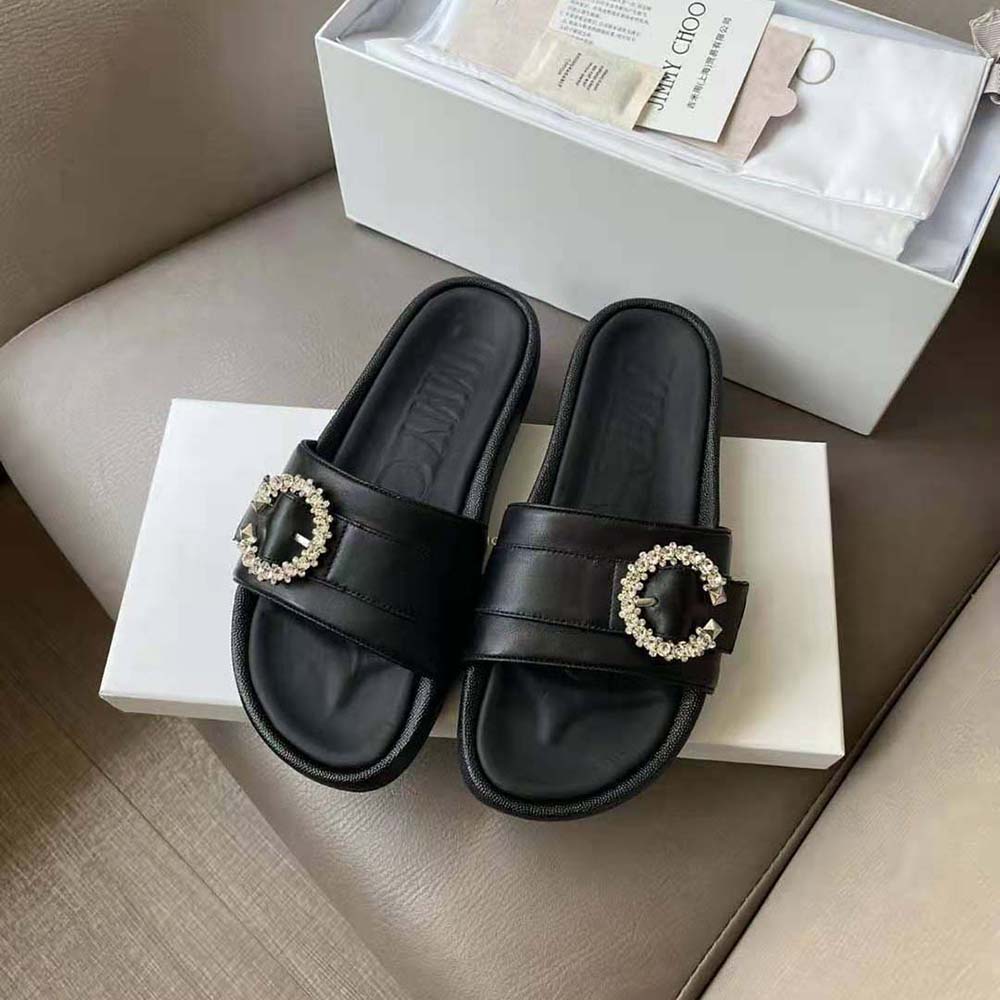 Jimmy Choo Women Fallon Black Nappa Leather Slides with Crystal Buckle - image 7