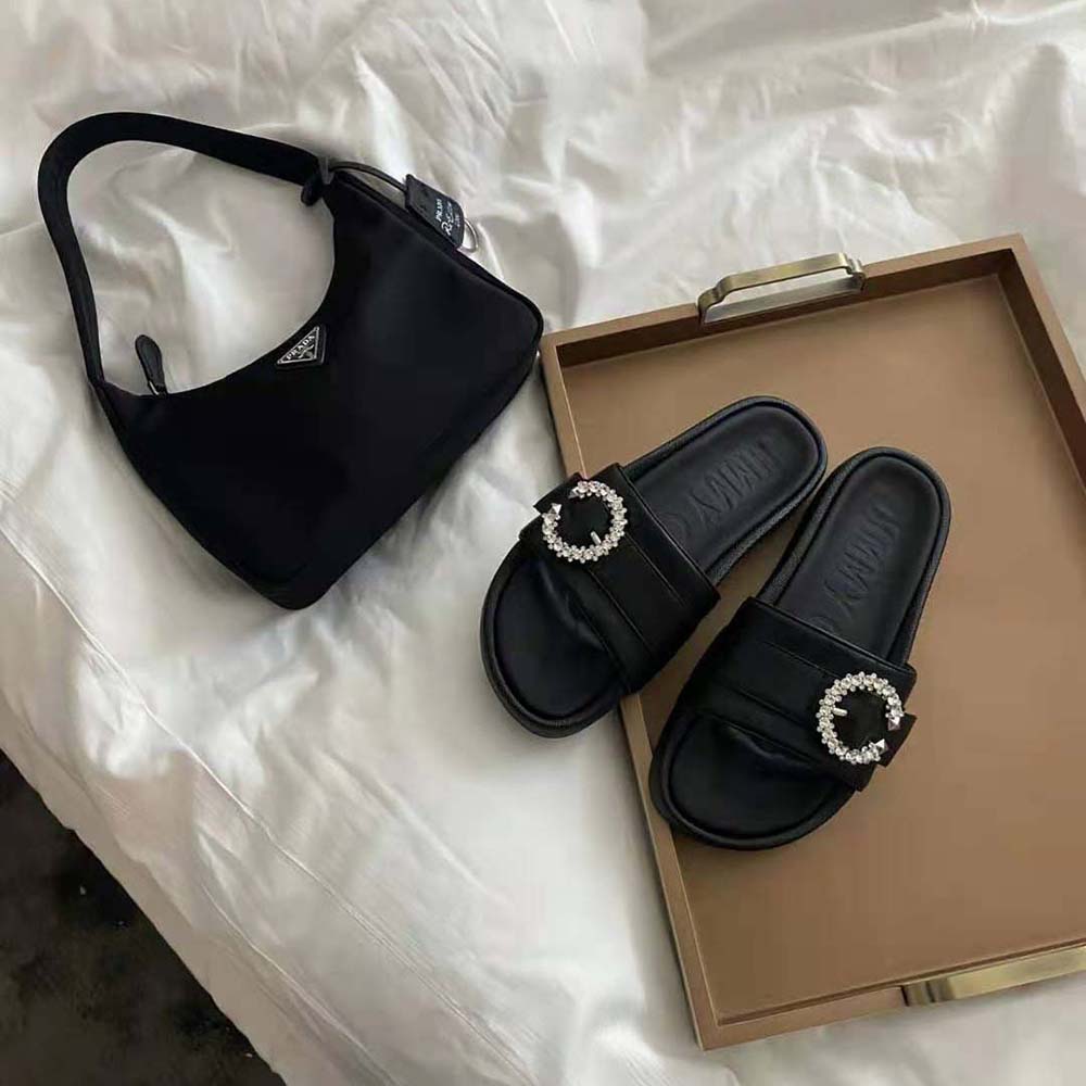 Jimmy Choo Women Fallon Black Nappa Leather Slides with Crystal Buckle - image 4