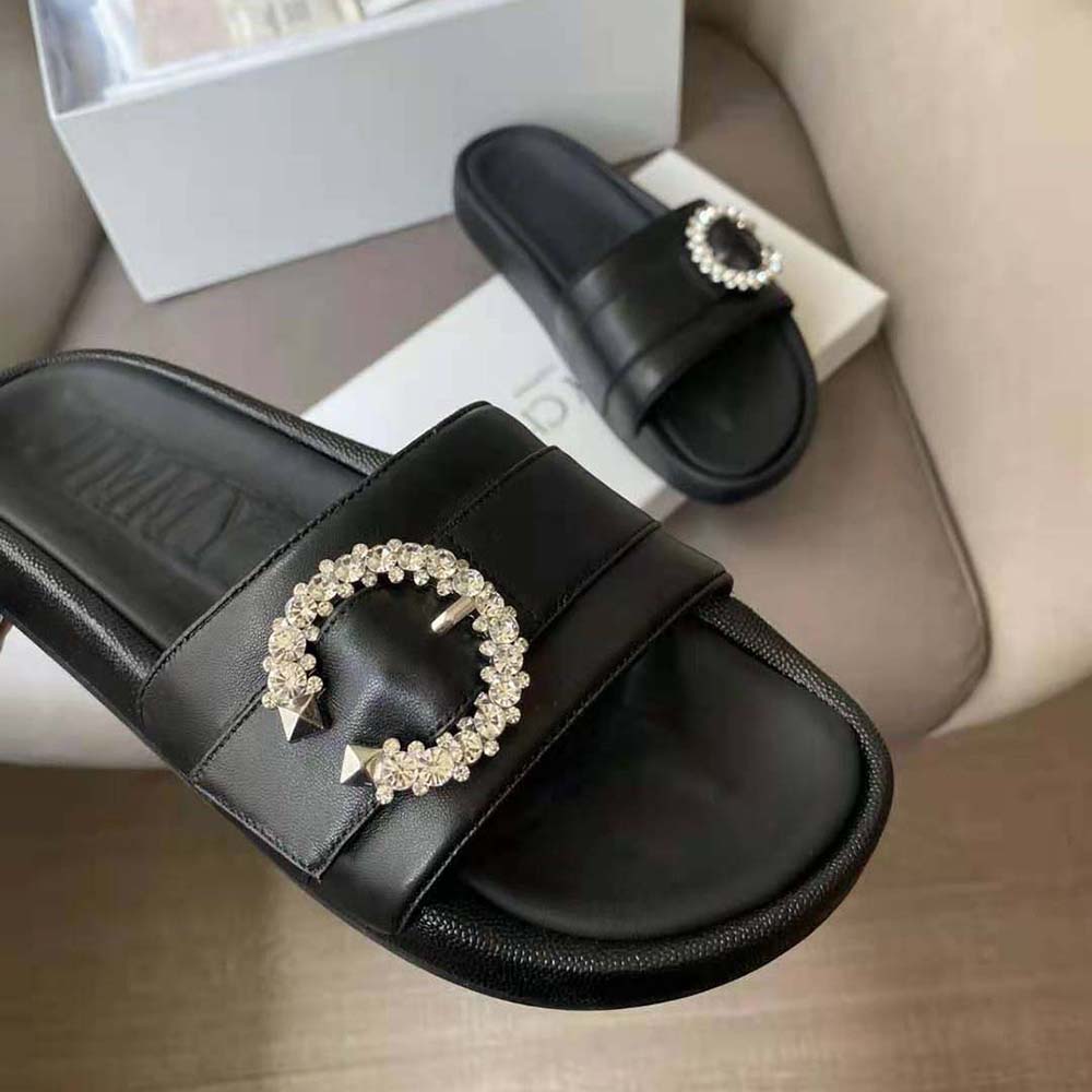 Jimmy Choo Women Fallon Black Nappa Leather Slides with Crystal Buckle - image 10