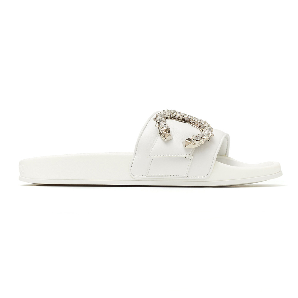 Front angle view of Jimmy Choo Fallon White Nappa Leather Slides with crystal buckle