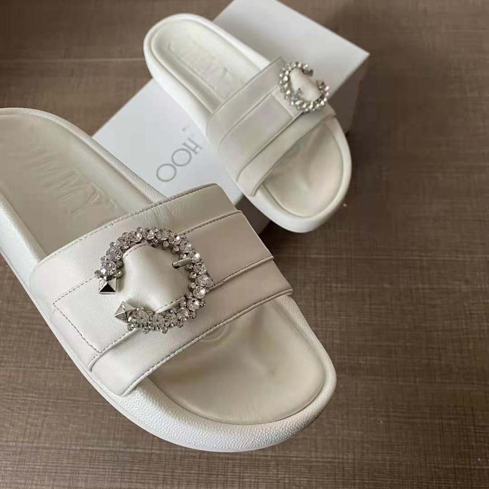 Jimmy Choo Women Fallon White Nappa Leather Slides with Crystal Buckle - image 9