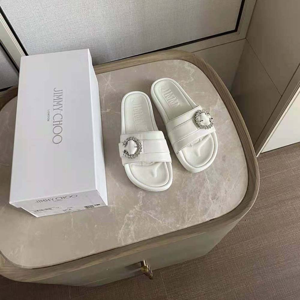 Jimmy Choo Women Fallon White Nappa Leather Slides with Crystal Buckle - image 4