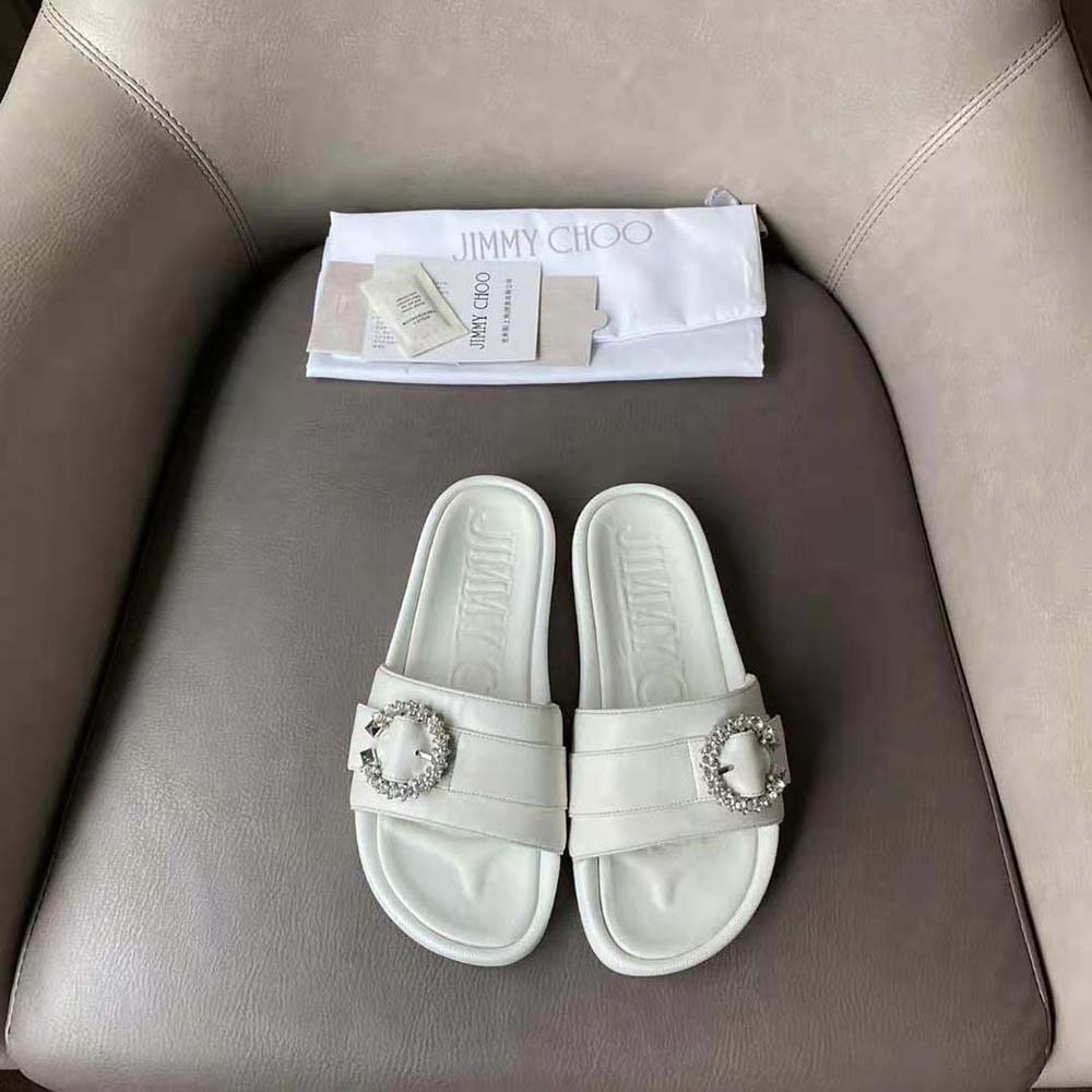 Jimmy Choo Women Fallon White Nappa Leather Slides with Crystal Buckle - image 5