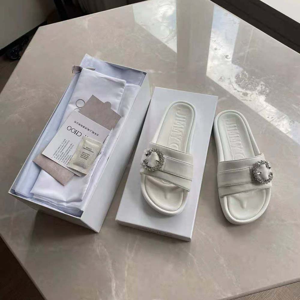 Jimmy Choo Women Fallon White Nappa Leather Slides with Crystal Buckle - image 7