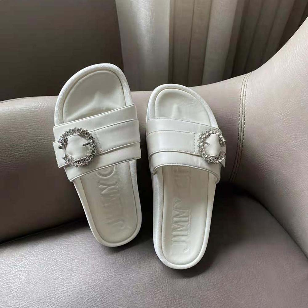 Jimmy Choo Women Fallon White Nappa Leather Slides with Crystal Buckle - image 8