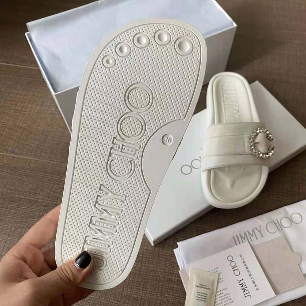 Jimmy Choo Women Fallon White Nappa Leather Slides with Crystal Buckle - image 10