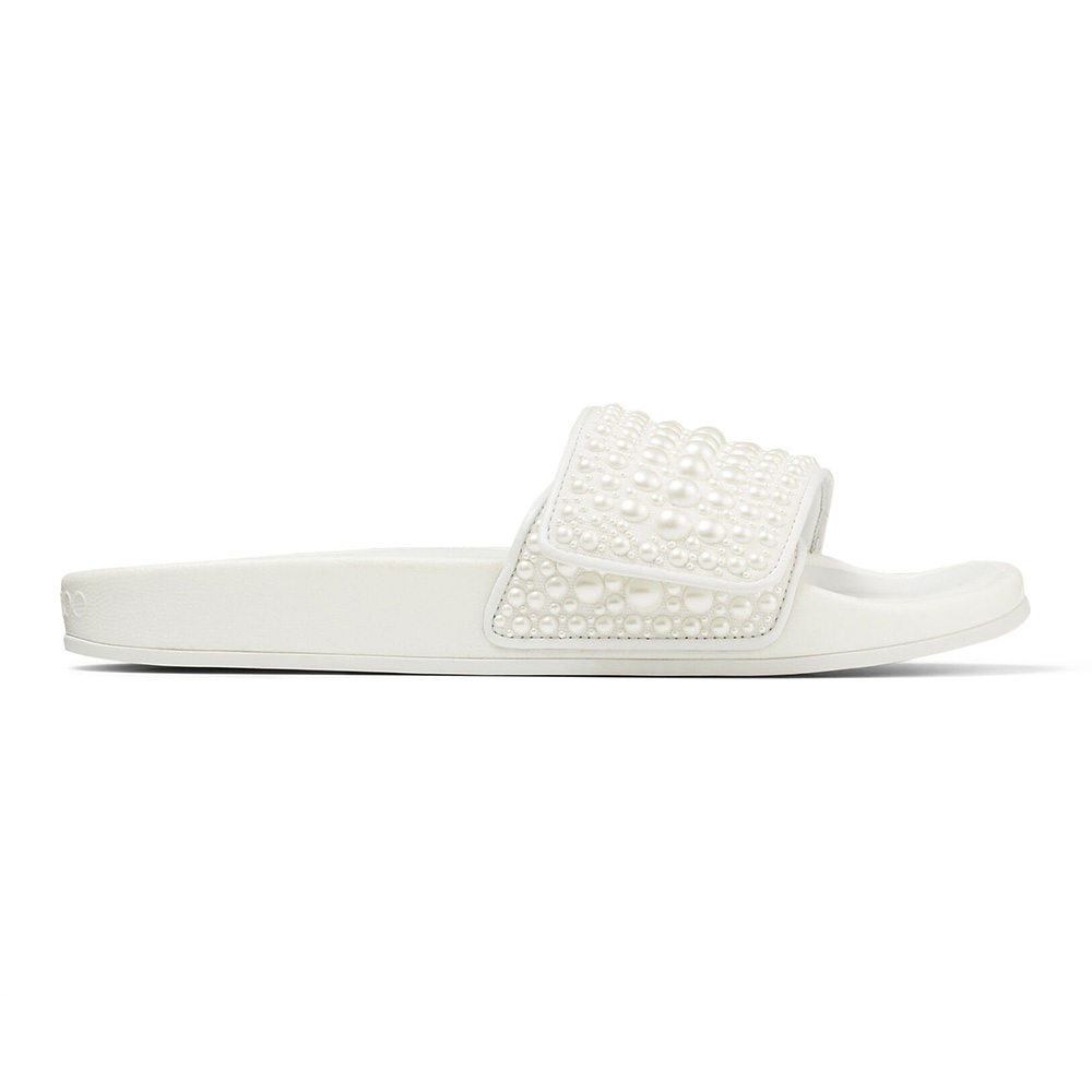 Side view of Jimmy Choo Women Fitz/F White Canvas and Leather Pool Slides with Pearls