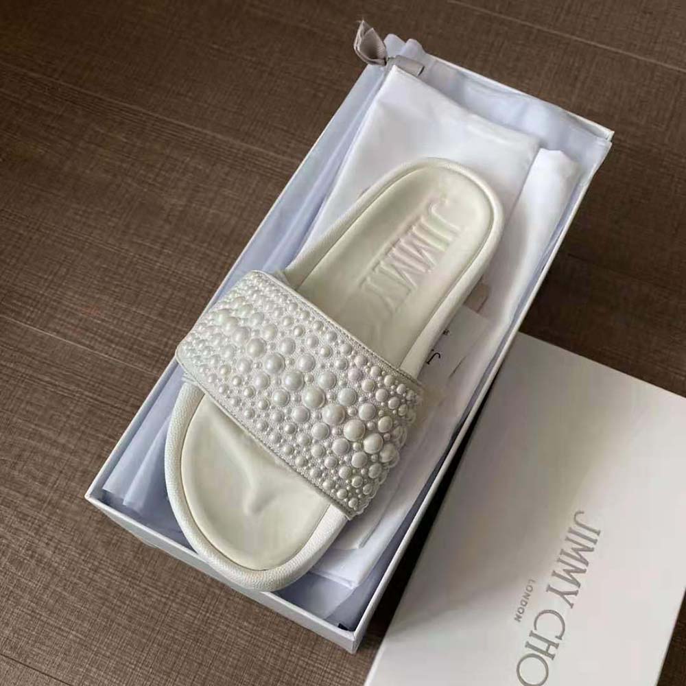 Jimmy Choo Women Fitz/F White Canvas and Leather Pool Slides with Pearls - image 8