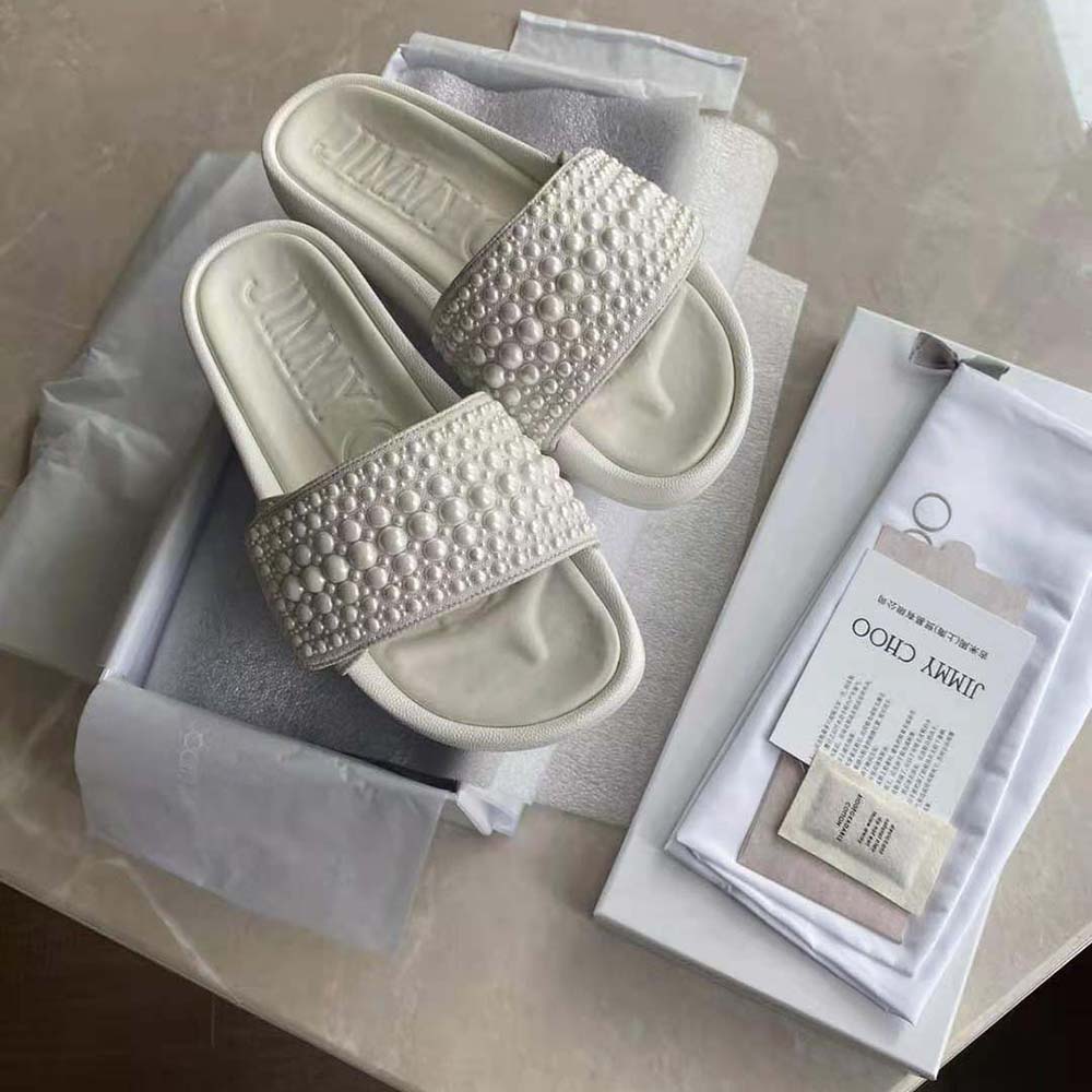 Jimmy Choo Women Fitz/F White Canvas and Leather Pool Slides with Pearls - image 4