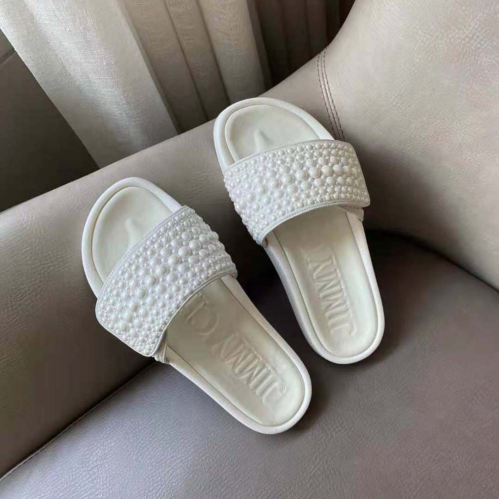 Jimmy Choo Women Fitz/F White Canvas and Leather Pool Slides with Pearls - image 7