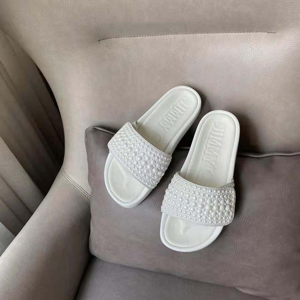 Jimmy Choo Women Fitz/F White Canvas and Leather Pool Slides with Pearls - image 5