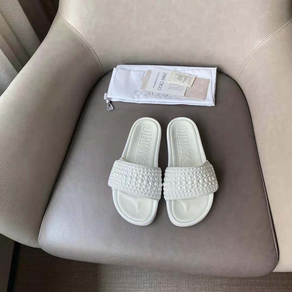 Jimmy Choo Women Fitz/F White Canvas and Leather Pool Slides with Pearls - image 6