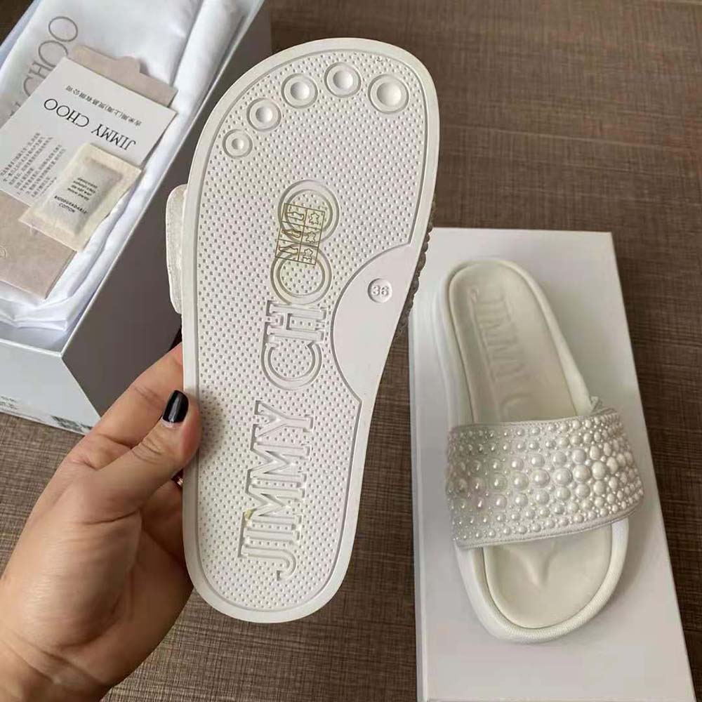 Jimmy Choo Women Fitz/F White Canvas and Leather Pool Slides with Pearls - image 10