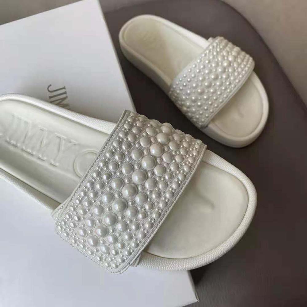 Jimmy Choo Women Fitz/F White Canvas and Leather Pool Slides with Pearls - image 9