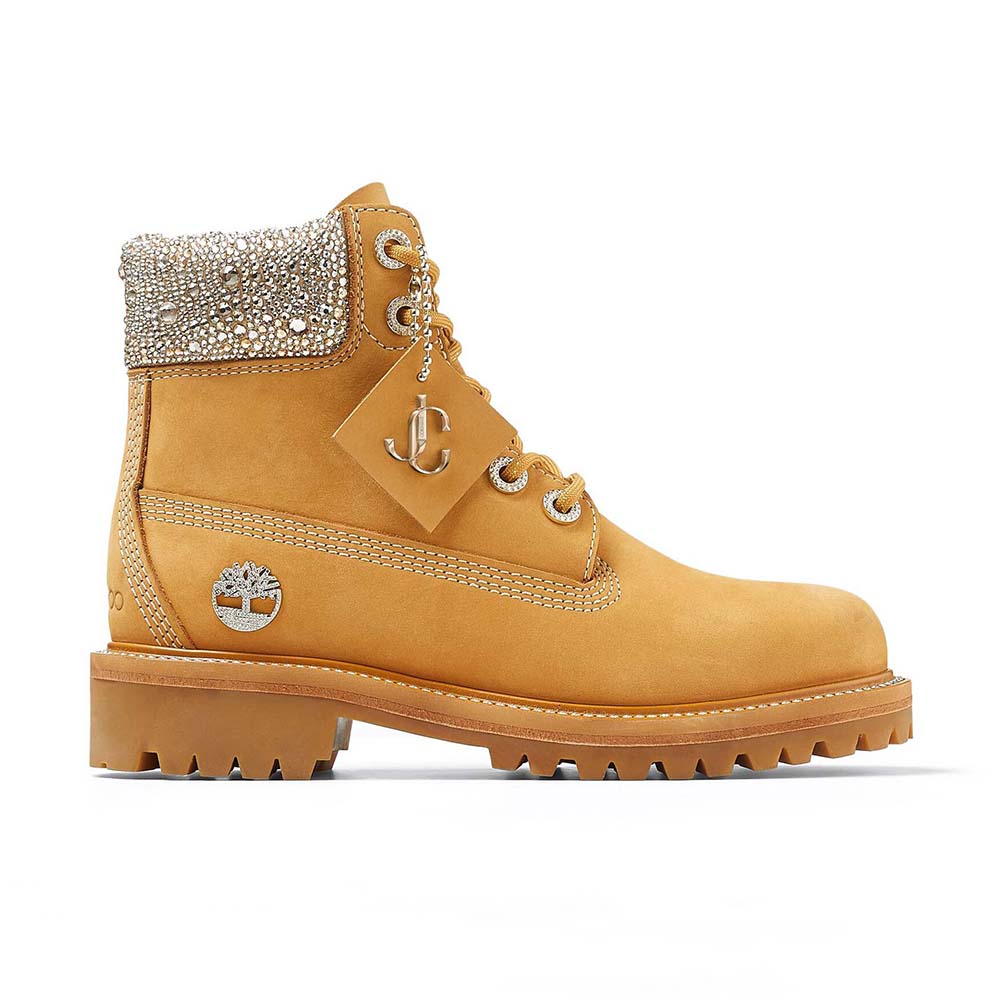 Side view of Jimmy Choo Women JC X Timberland/F Wheat Nubuck Leather Boots with Crystal Collar