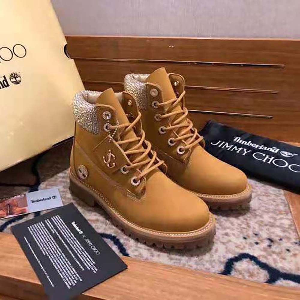 Close-up of crystal collar detail on Jimmy Choo Women JC X Timberland/F Wheat Nubuck Leather Boots