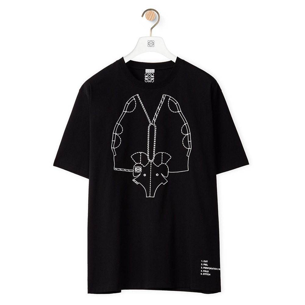 Front view of Loewe Women Elephant Embroidered T-Shirt in Cotton-Black