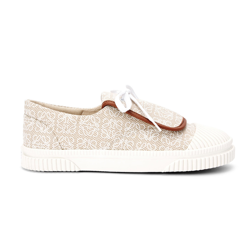 Side view of Loewe Women Anagram Flap Sneaker in Canvas-White