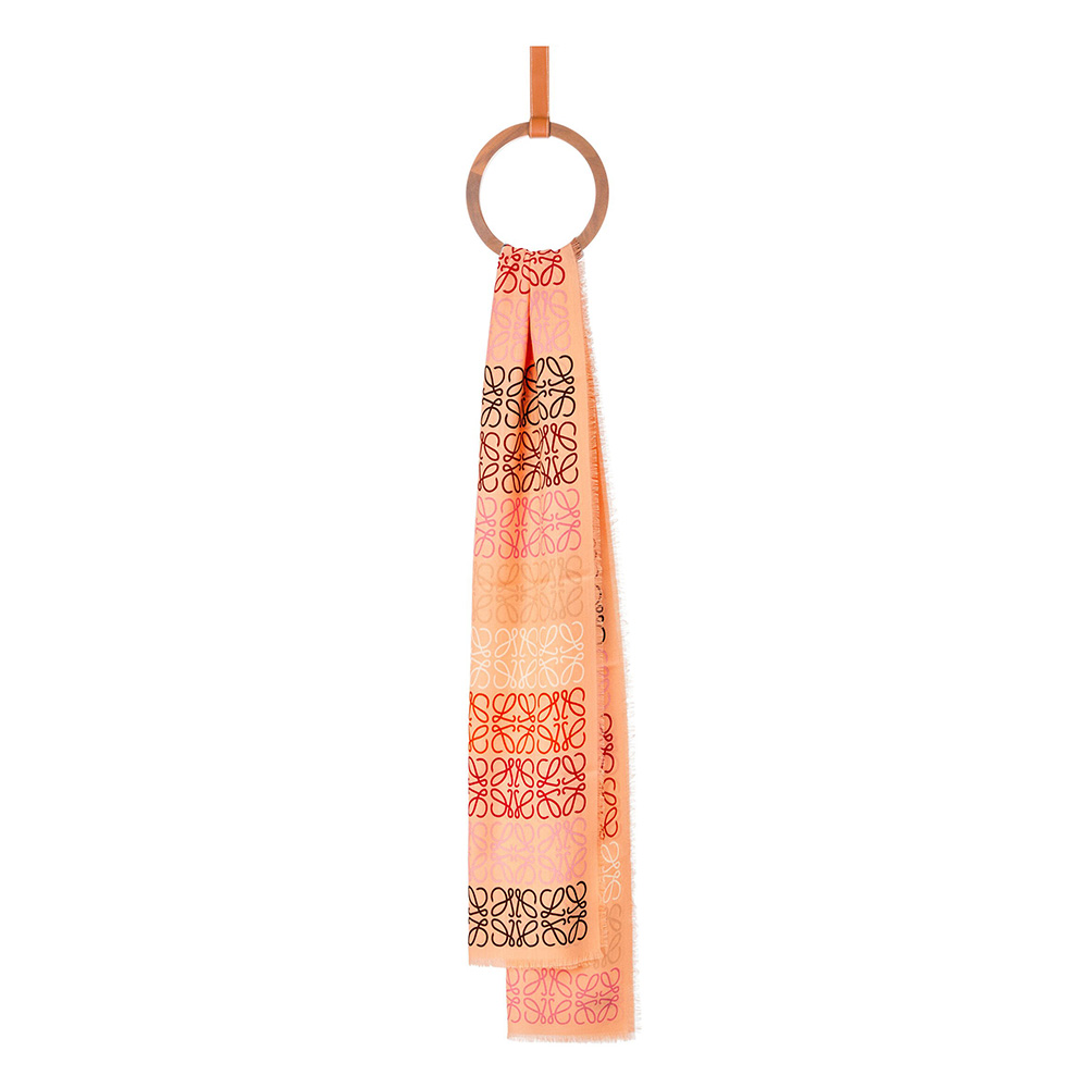 Front view of Loewe Women Anagram Lines Scarf in vibrant orange