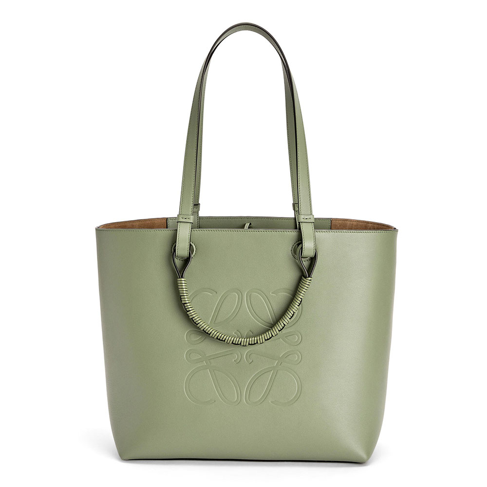 Front view of Loewe Women Anagram Tote in Classic Calfskin-Green