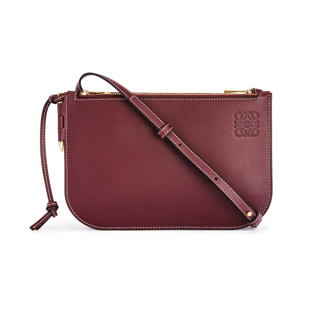 Front view of Loewe Women Gate Double Zip Pouch in maroon calfskin